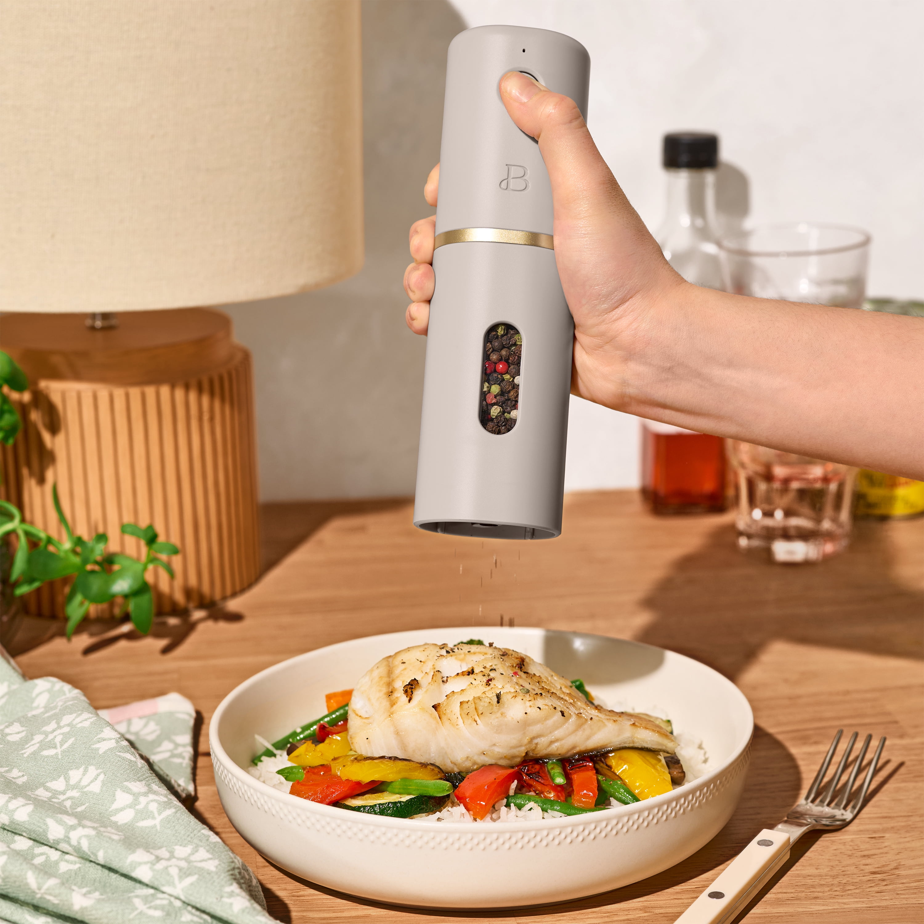 Beautiful 3-Piece Rechargeable Electric Salt and Pepper Grinder Set with Charging Base, Porcini Taupe by Drew Barrymore