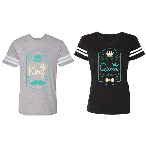 King Queen Pentagon Emerald Gold Matching Couple Cotton Jerseys (Men Heather / Women Black) (Men S / Women S)