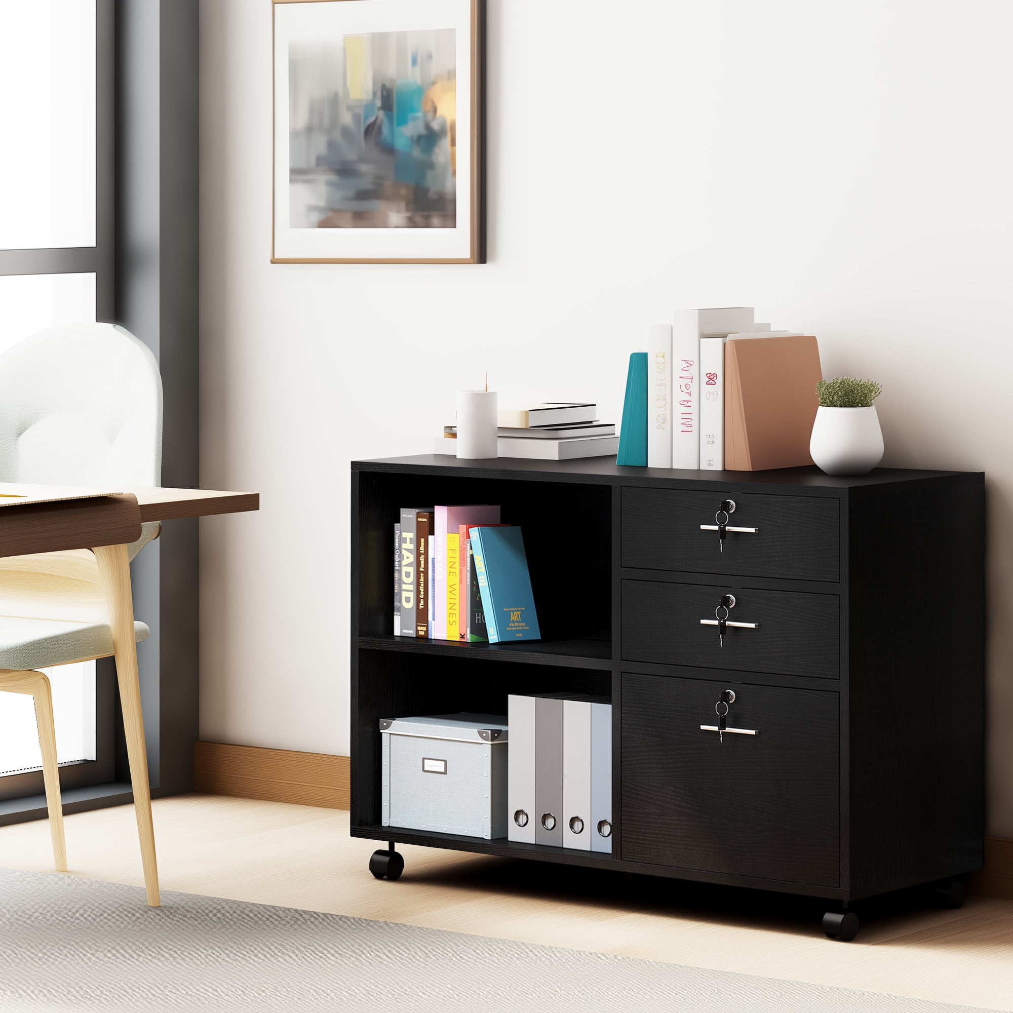 DEXTRUS 3 Drawer Lateral File Cabinet, Printer Stand with Drawers, File Cabinet Fits A4 Letter Legal Size Folders, Black