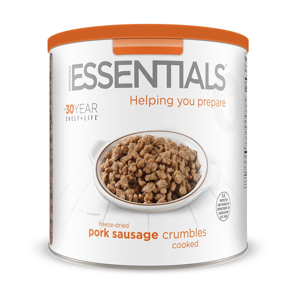 Emergency Essentials Fully Cooked Freeze Dried Pork Sausage Crumbles | 20 Servings | Shelf Stable Protein | 30 Year Shelf Life* | Ready To Use Premium Pork Topping for Breakfast and Every Day Meals