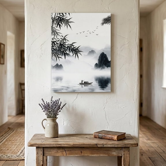 Traditional Chinese Painting Canvas Wall Art for Living Room Bedroom Bathroom, Black and White Natural Landscape Canvas Art Wall Decor, Artwork for Walls Home Office Decor, 8"x12"