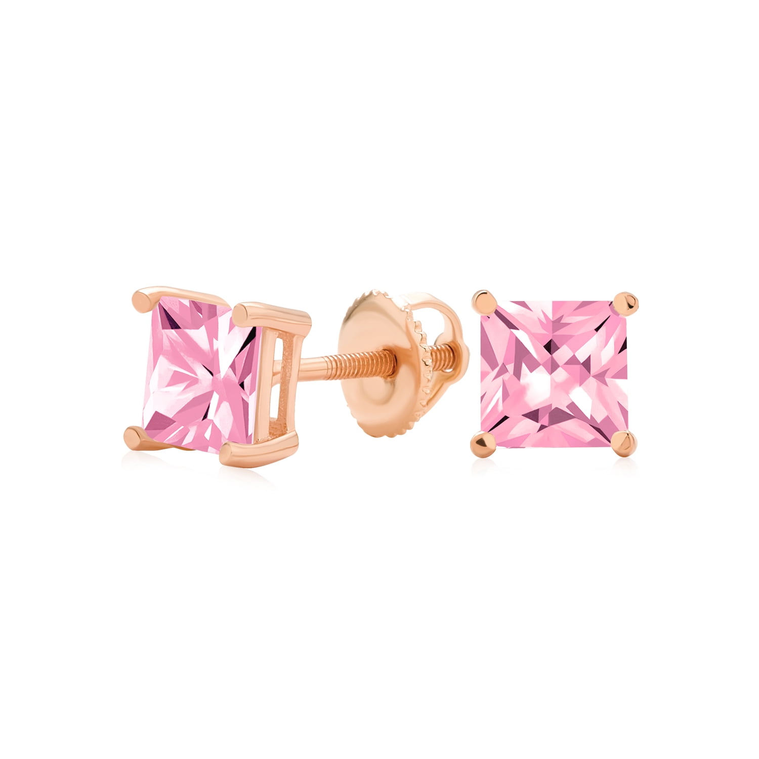 50 CT Pink CZ Princess Cut Stud Earrings Simulated Morganite Cubic Zirconia Rose Gold Plated Sterling Silver Screw Back 5MM