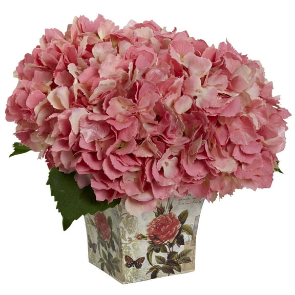 Nearly Natural Hydrangea Artificial Flower Arrangement with Floral Planter, Pink
