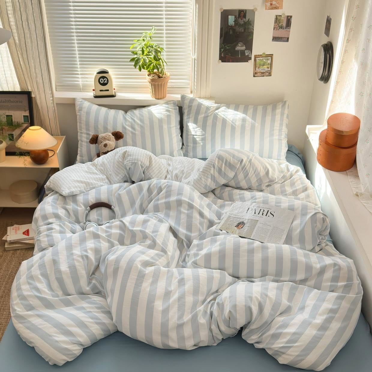 Duvet Cover Stripes Blue White Bedding Microfiber Duvet Cover Sets with Zipper Queen Size