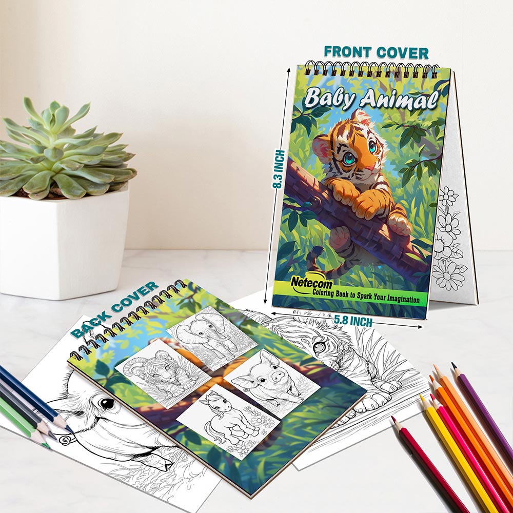 Netecom Baby Animal Coloring Book Spiral Bound for Adults, A5 Wooden Cover, 30 Cuddly Coloring Pages of Forest Animal for Stress Relief and Relaxation