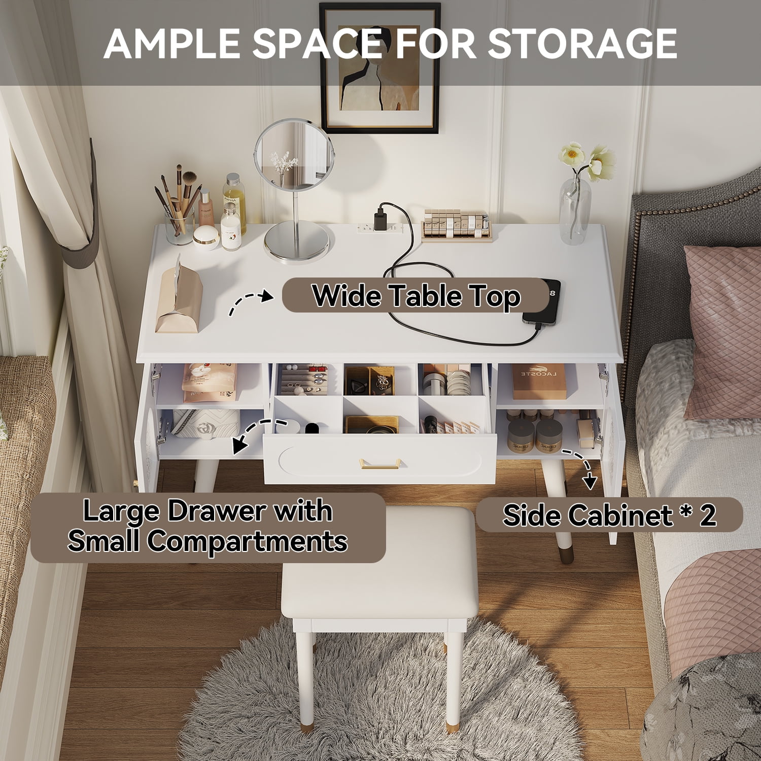 Makeup Vanity Table and Stool Set, Dressing Desk with Charging Station, Storage Cabinet, and Glass Door, Writing Desk with Outlets for Bedroom, White Finish