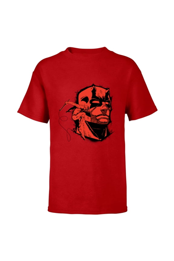 Daredevil Super Hero Comic Art Red & Black Face Raw - Short Sleeve T-Shirt for Kids - Customized-Red