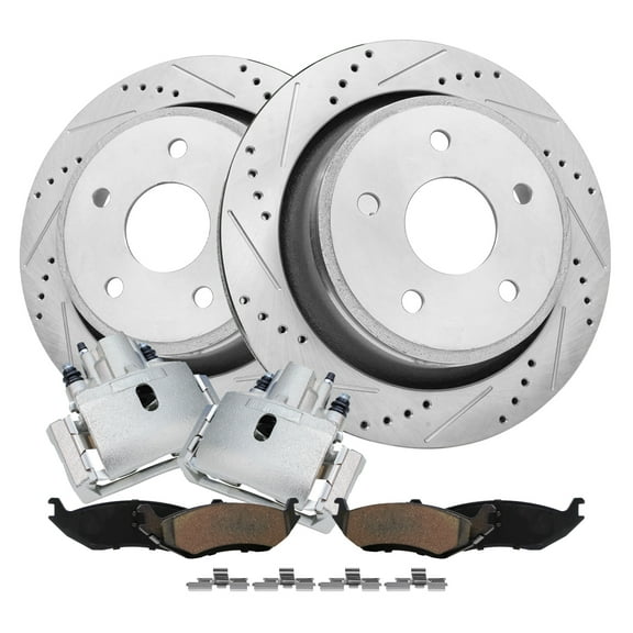 Detroit Axle - Rear Drilled & Slotted Rotors Brake Calipers Ceramic Brake Pads Replacement for Chrysler Aspen Dodge Ram 1500 Durango Fits select: 2013-2014 RAM 1500 ST, 2012 DODGE RAM 1500 SPORT