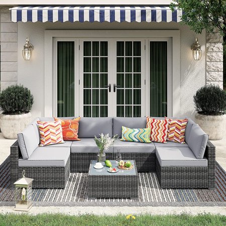 EMONIA 7 Seats Patio Furniture Sets Pieces Conversation Set Outdoor Furniture Sectional Sofa PE Rattan Wicker Set Outside Couch with Table and Cushions for Porch Lawn Garden Backyard Gray