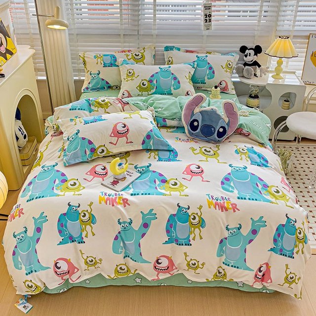 Stitch Mickey Mouse Bedding Set Sheets Cartoon Print 4-piece Polyester Bed Sheet Set Bedspread Quilt Set Christmas Gift