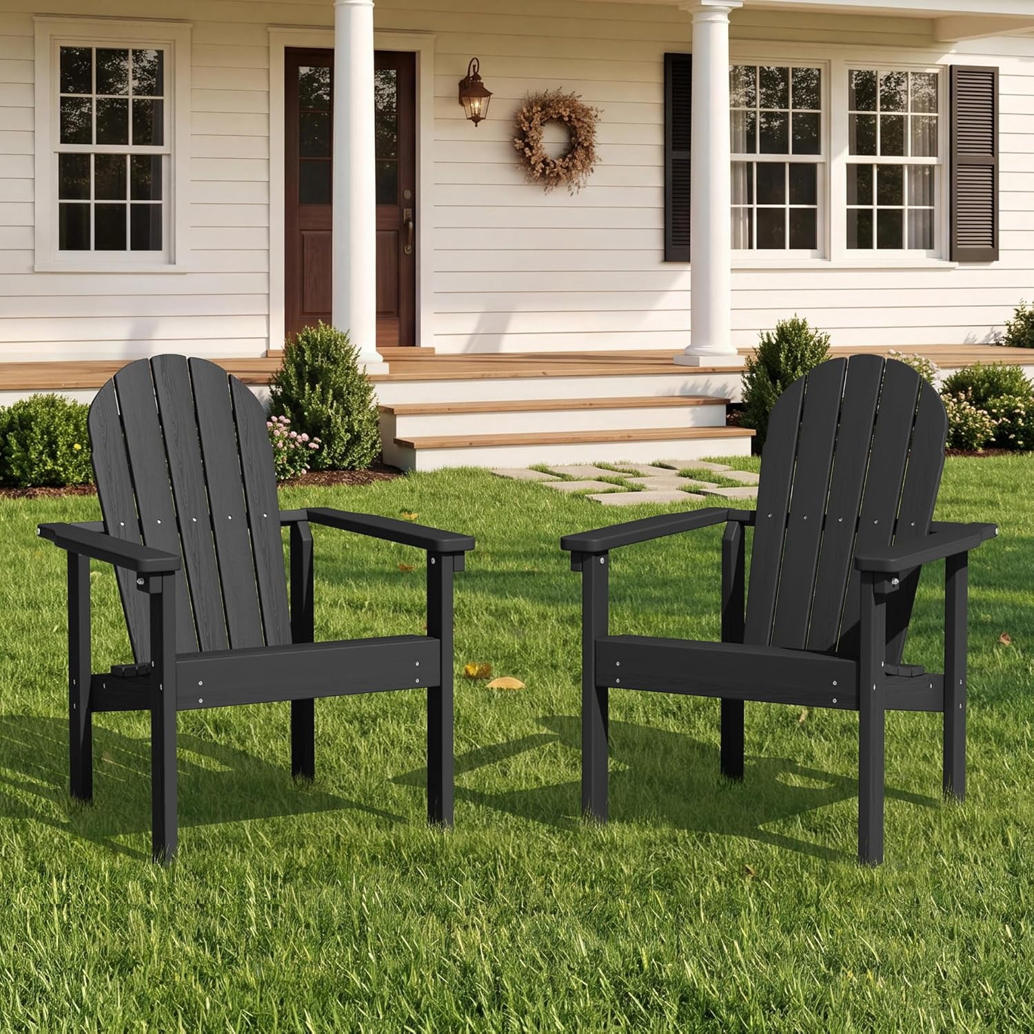 WBTER Stackable Modern Adirondack Chair, HDPE Outdoor Patio Chair with Space-Saving Design, All-Weather Fire Pit Chair with Widened Seat for Deck, Backyard, Garden, Lawn (Black)