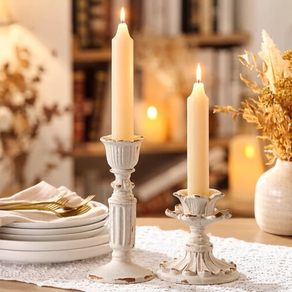 SOFE Vintage Rustic Antique Distressed White Gold Resin Taper Candlestick Holders, Set of 2