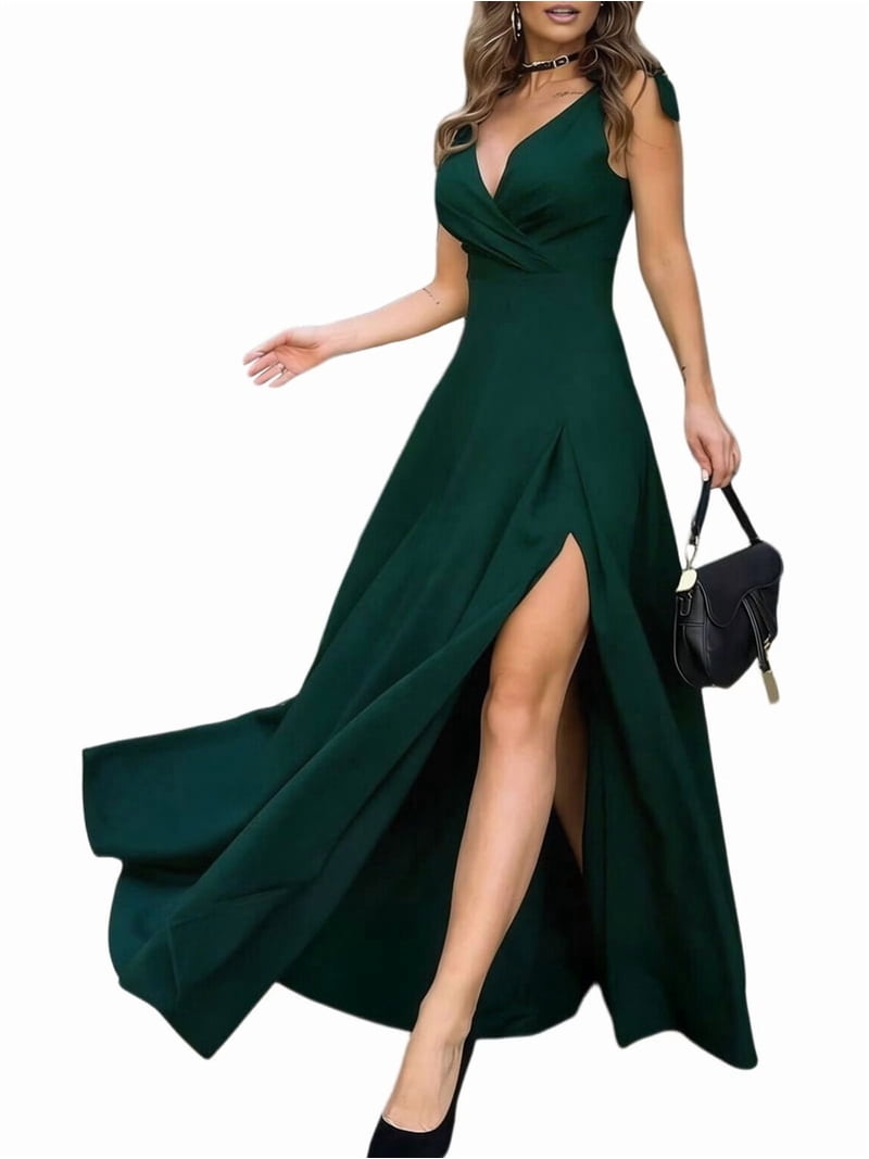 Women's V Neck Sleeveless Split Formal Prom Long Dresses Dress for Party Cocktail 109209 Dark Green L