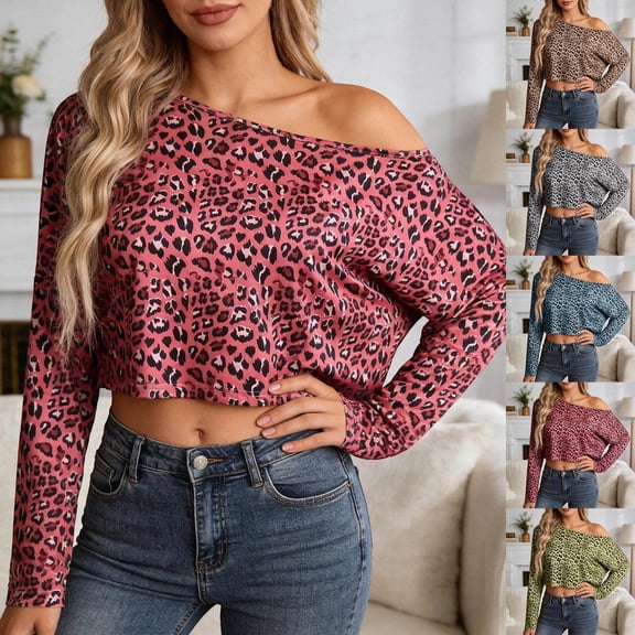 Trendfront Womens Off Shoulder Boat Neck Long Sleeve Tops Oversized Leopard Print Tees Animal Pattern Base Layering Style T-Shirts