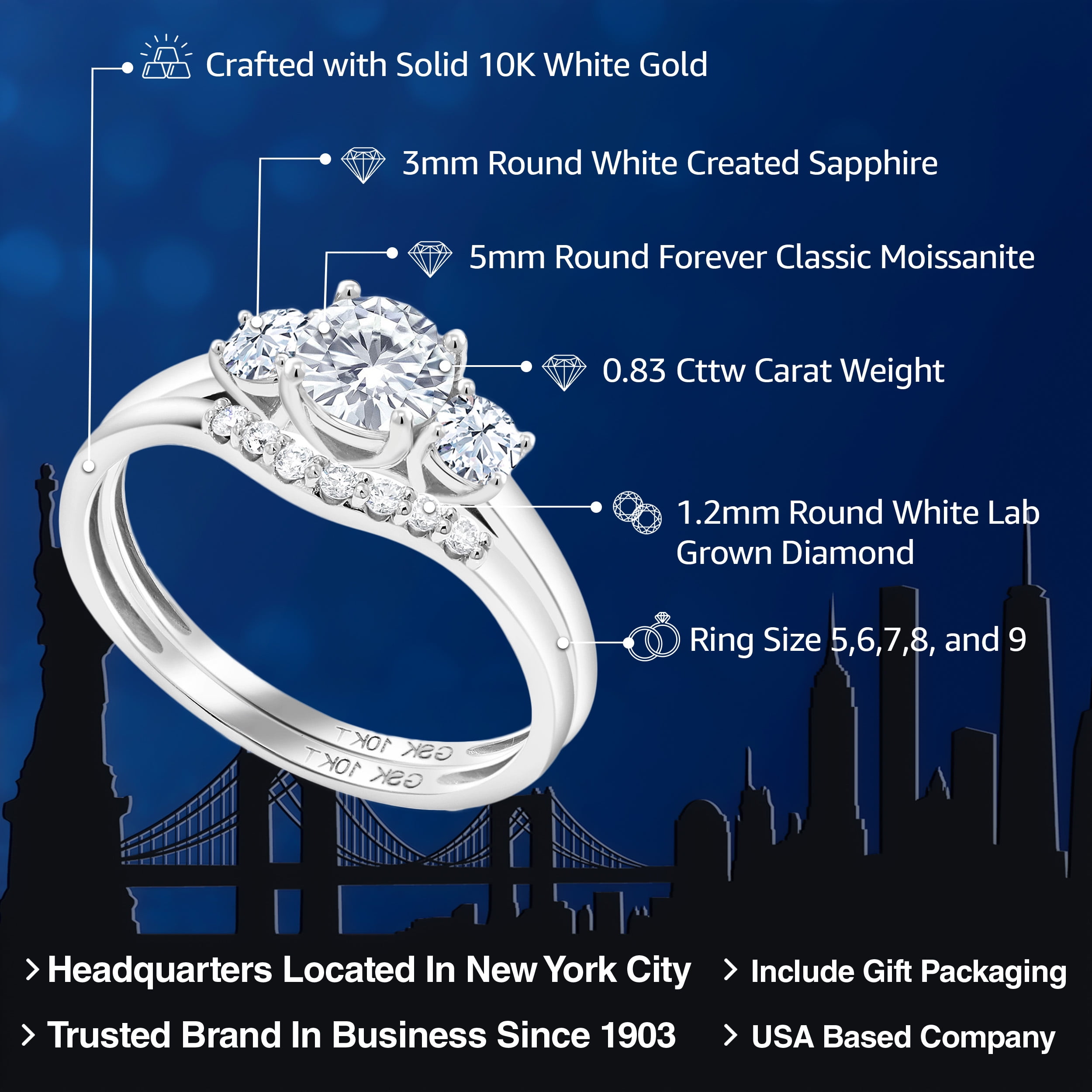 Gem Stone King 10K White Gold Moissanite Created Sapphire and Lab Grown Diamond 3-Stone Bridal Engagement Ring Set for Women | 0.83 Cttw | Wedding Engagement Anniversary Promise Ring| Size 8