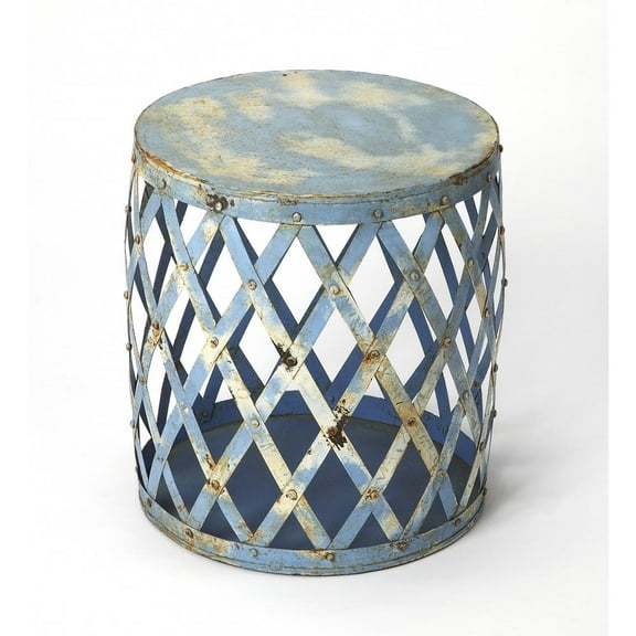 17" Rustic Blue Iron Lattice Round Top End Table