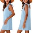 thumbnail image 6 of jtjvou Women's Summer Cotton Dresses V Neck Tie Strap Sleeveless Loose Fit Casual Solid Mini Coverup Dress Light Blue M, 6 of 9