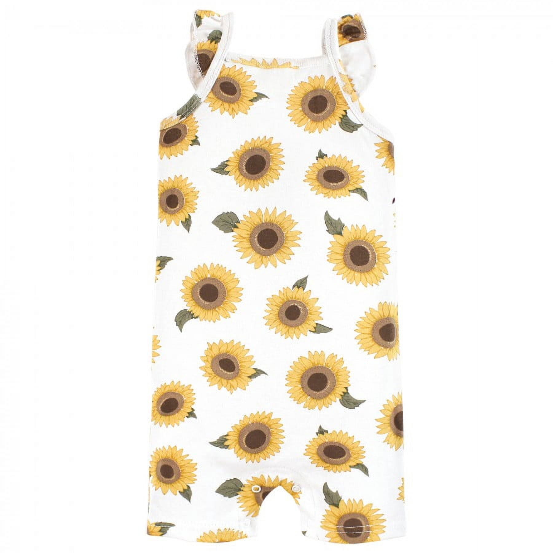 Hudson Baby Infant Girl Cotton Rompers, Sunflower, 0-3 Months