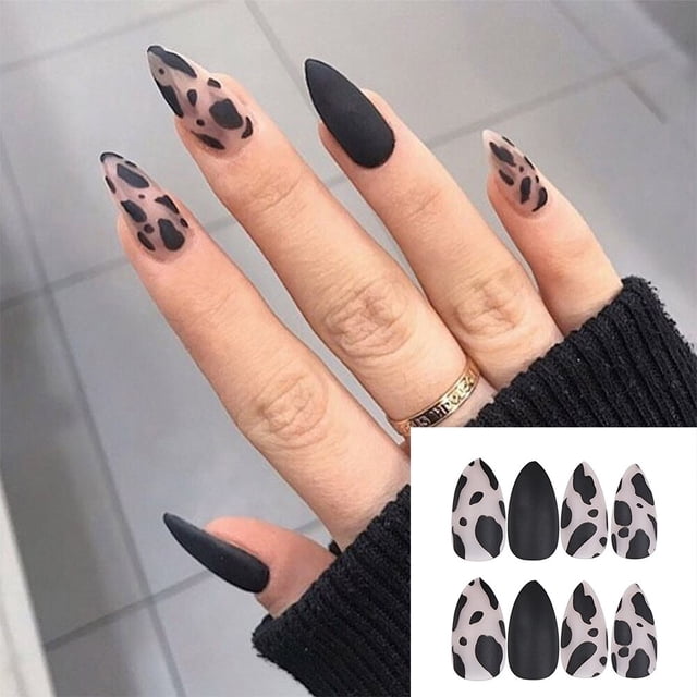 Uñas postizas de moda con diseño de leopardo, 24P, cobertura completa, puntas de Stiletto negro y marrón, pegamento para uñas artificiales francesas