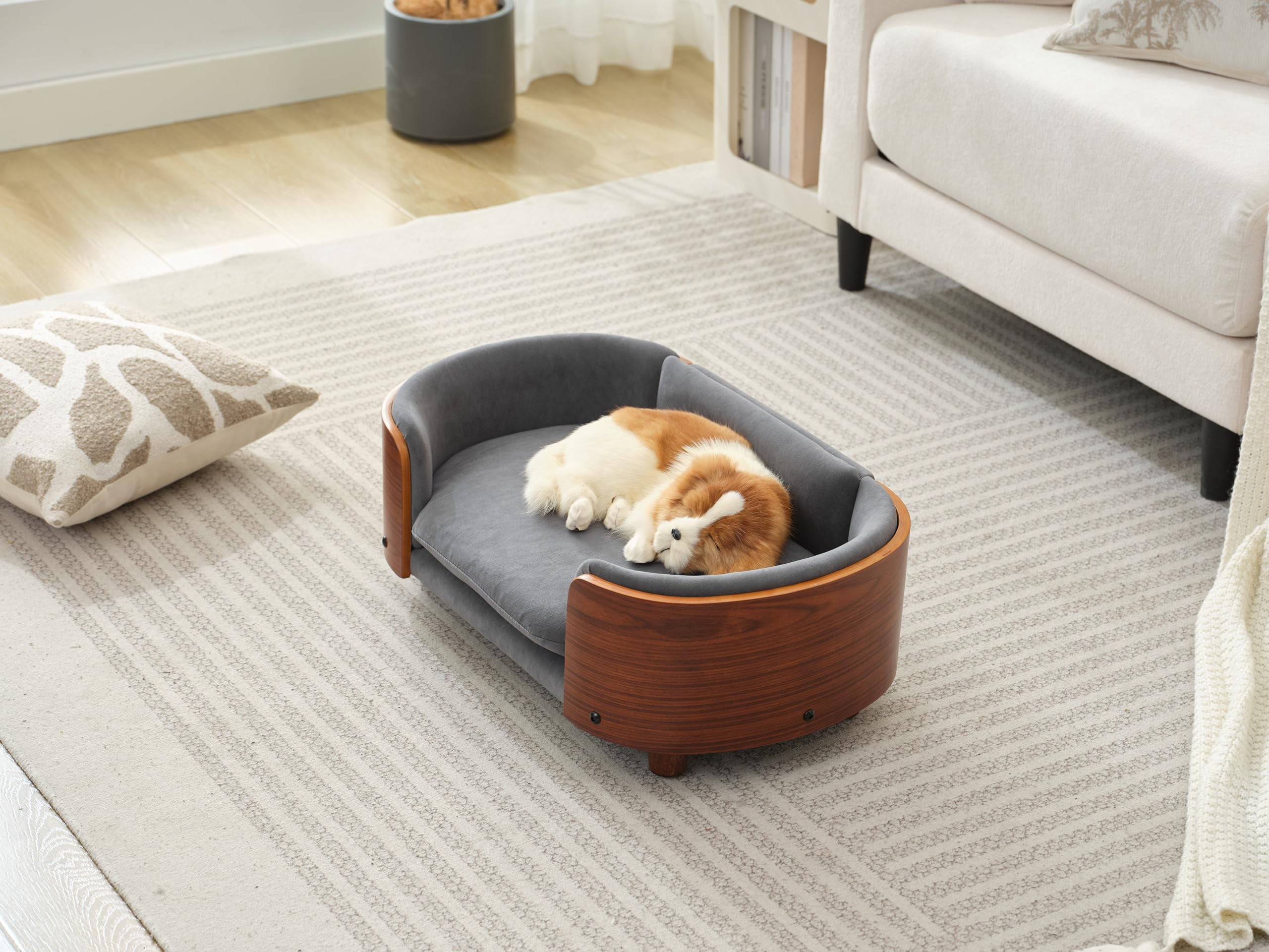 Scandinavian Style Elevated Dog Bed Pet Sofa with Solid Wood Legs and Bent Wood Back, Velvet Cushion, Small Size, Walnut Frame & Dark Grey Cushion