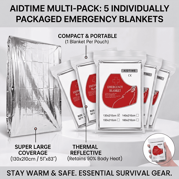 5pcs/pack Camping Emergency Mylar Thermal Blankets, 90% Heat Retention Space Blanket for Survival, Waterproof Windproof Foil Blanket for Outdoor Camping, Hiking, First Aid & Disaster Relief