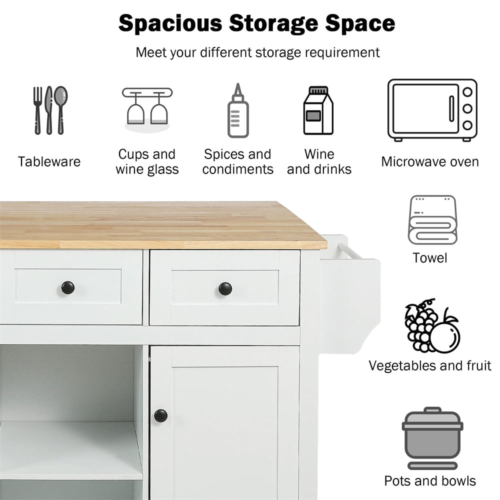 Kitchen Island Cart with Drop-leaf Tabletop and Locking Wheels, 53.1" Kitchen Trolley Cart with 2 Doors & 3 Drawers & Adjustable Shelves, Rolling Kitchen Island with Spice Rack and Towel Rack, White