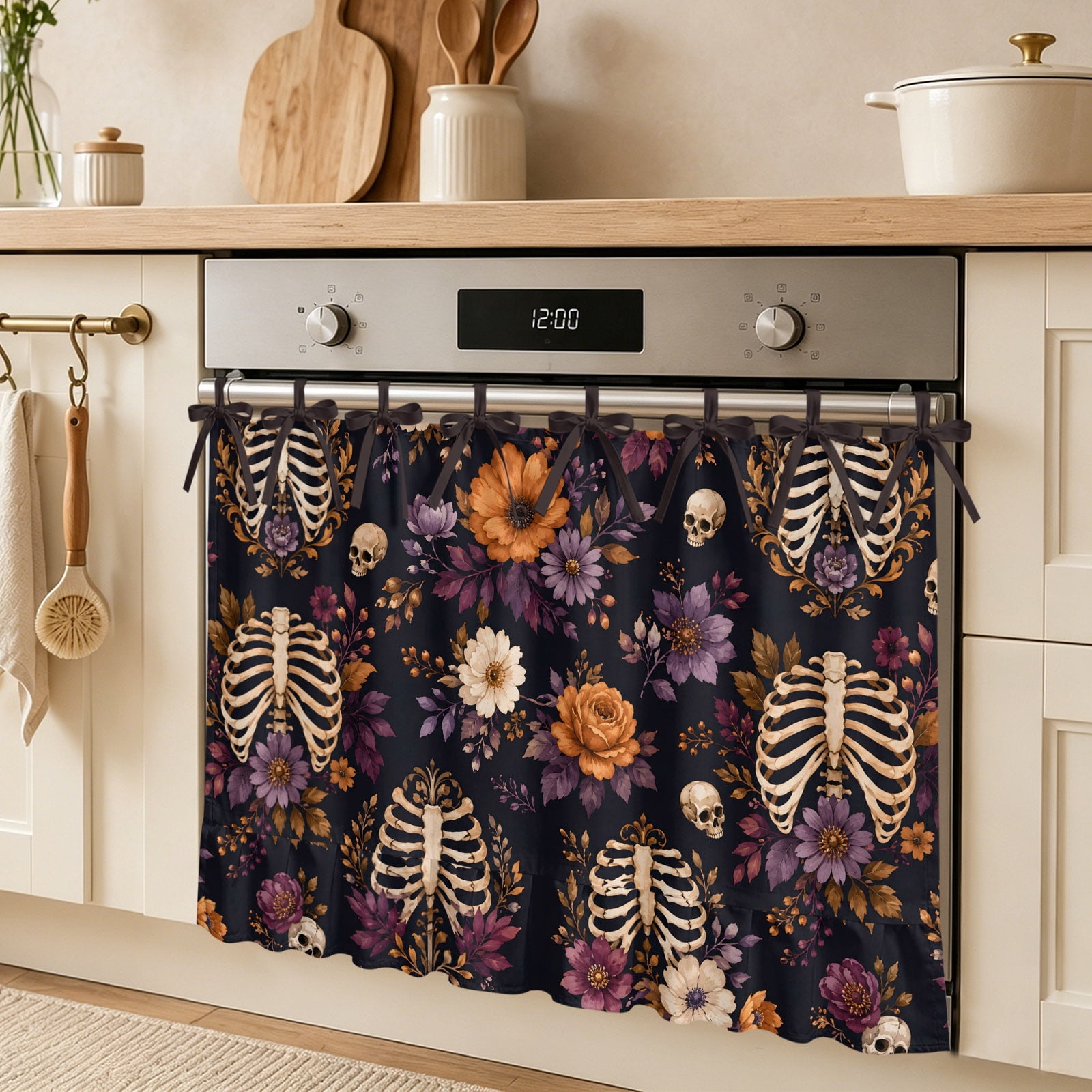 D&iacute;a De Los Muertos Oven Skirt Curtain Beige Ribcage Skulls Dark Purple Floral Rustic Tie Top Tier Curtains Stove Dishwasher Skirt Small Window Drapes for Kitchen Bathroom Cafe 30 x21.5
