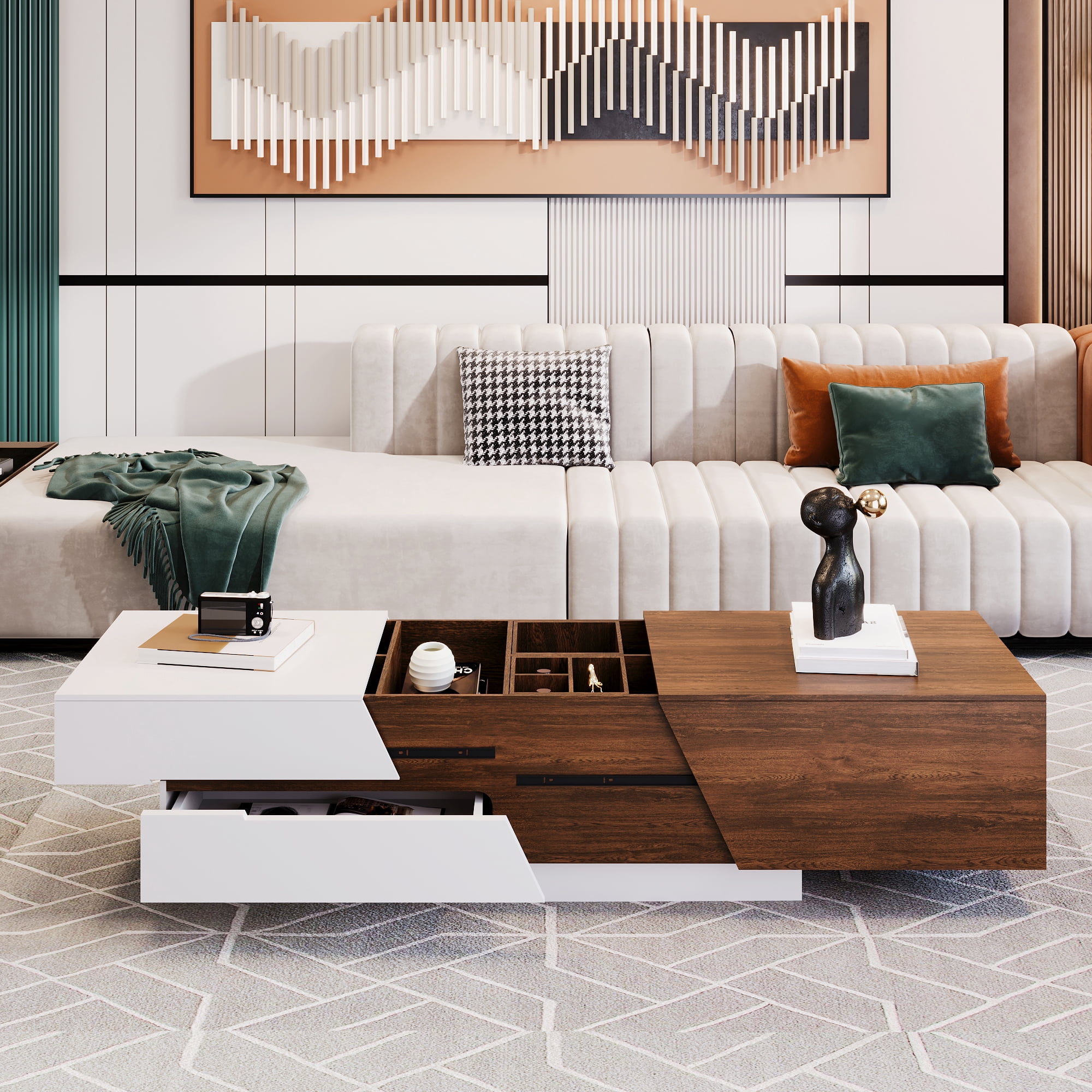 Euroco Modern Coffee Table with Extendable Sliding Top, Hidden Storage, Dual-Tone White and Walnut Finish, MDF Construction for Living Room