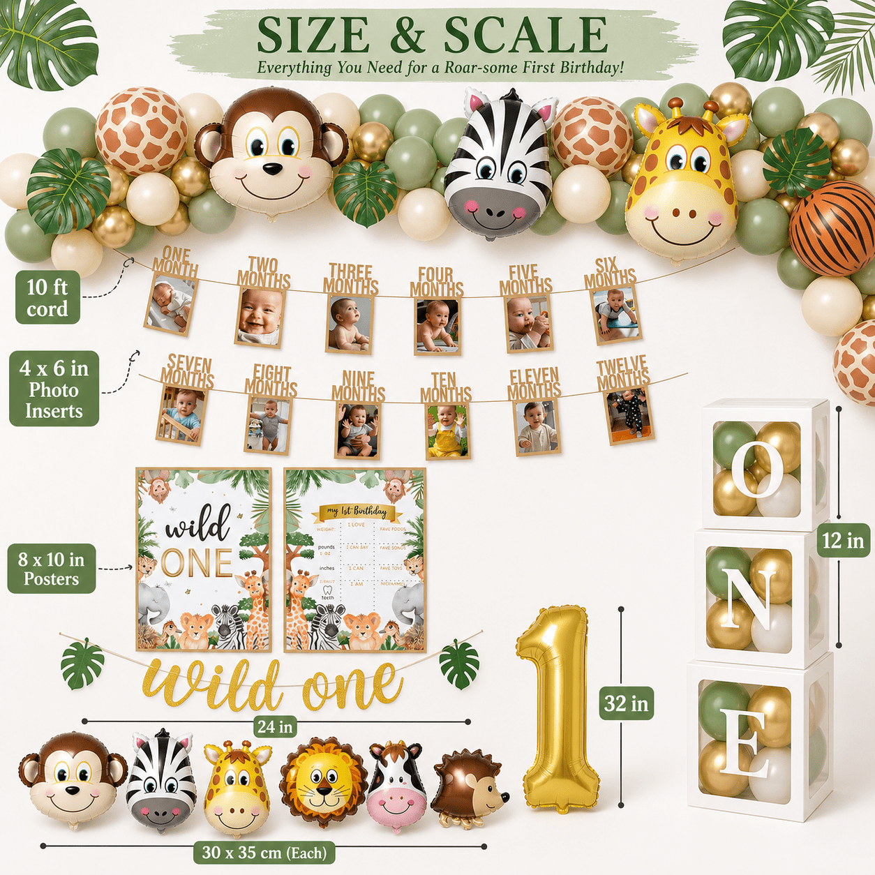 Wild One Birthday Decorations, 1st Birthday Decorations for Boy or Girl, Photo Banner, Balloon Box, Balloons Garland, High Chair Banner, Jungle Theme Safari Party Backdrop for Boys & Girls