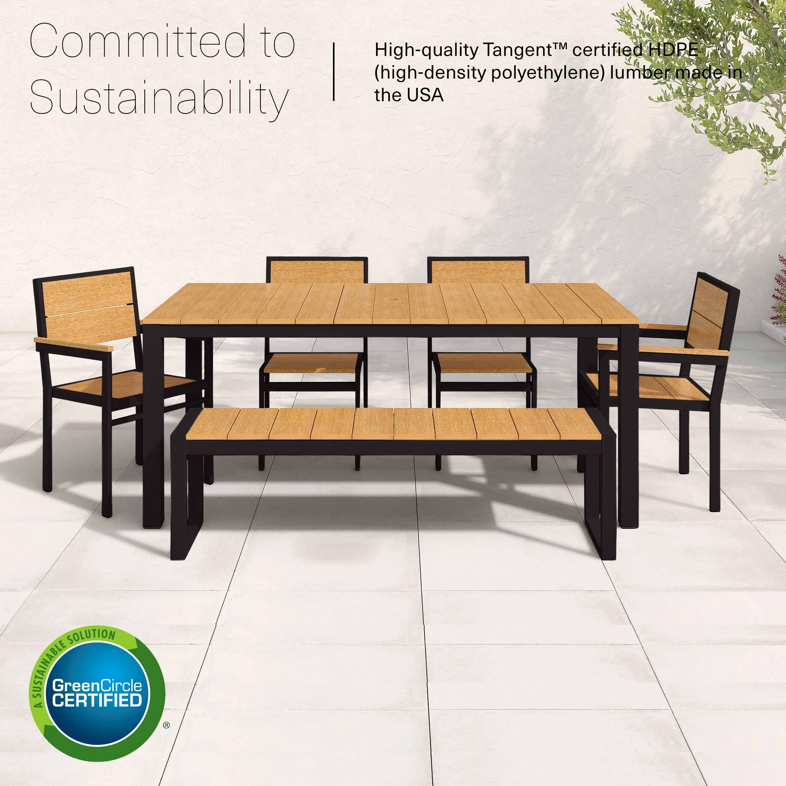 DuroGreen Park City 72" Rectangular 6-Pc Outdoor Dining Set, 1 Table/1 Bench/4 Chairs Made with All-Weather Tangent Sustainable Lumber, High End Patio Furniture, Black with Natural Teak