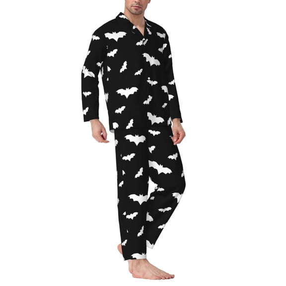 Mens Pajamas Set - Bat Cool Black Halloween Comfy Long Sleeve Button Up Pajama Sets for Men 2 Piece, Soft Sleepwear Nightwear Pjs Lounge Sets for Men with Pockets
