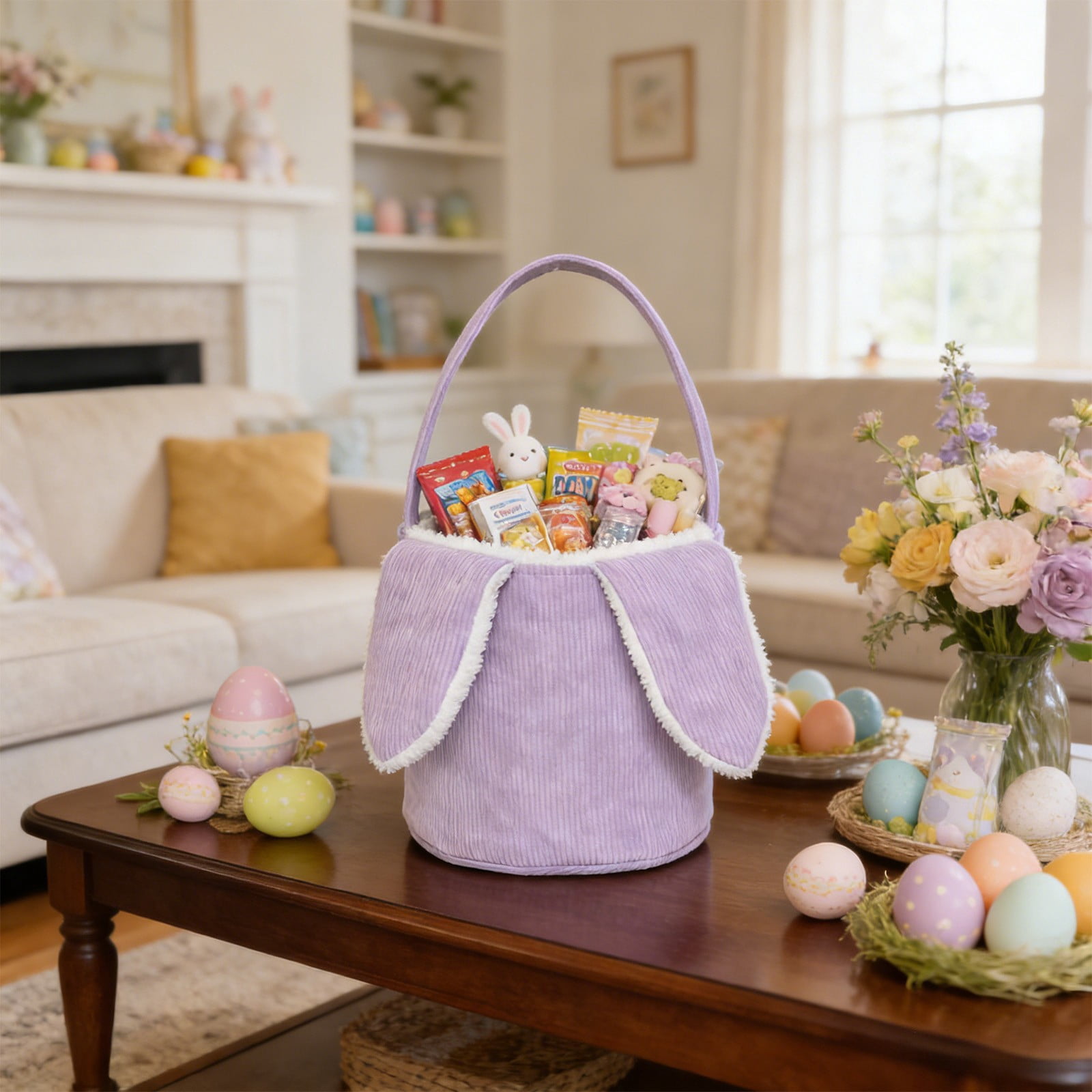 Lunxisen 2 Pcs Corduroy Fleece Easter Basket Stuffers Holiday Gift Bag Candy Pouch Kids Party Favor