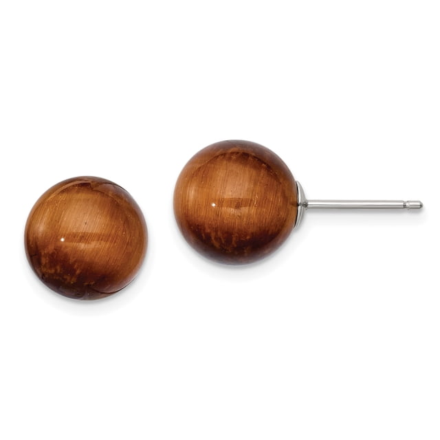 925 Sterling Silver Rhod Pltd 10mm Tiger Eye Round Stud Earrings Ball Button