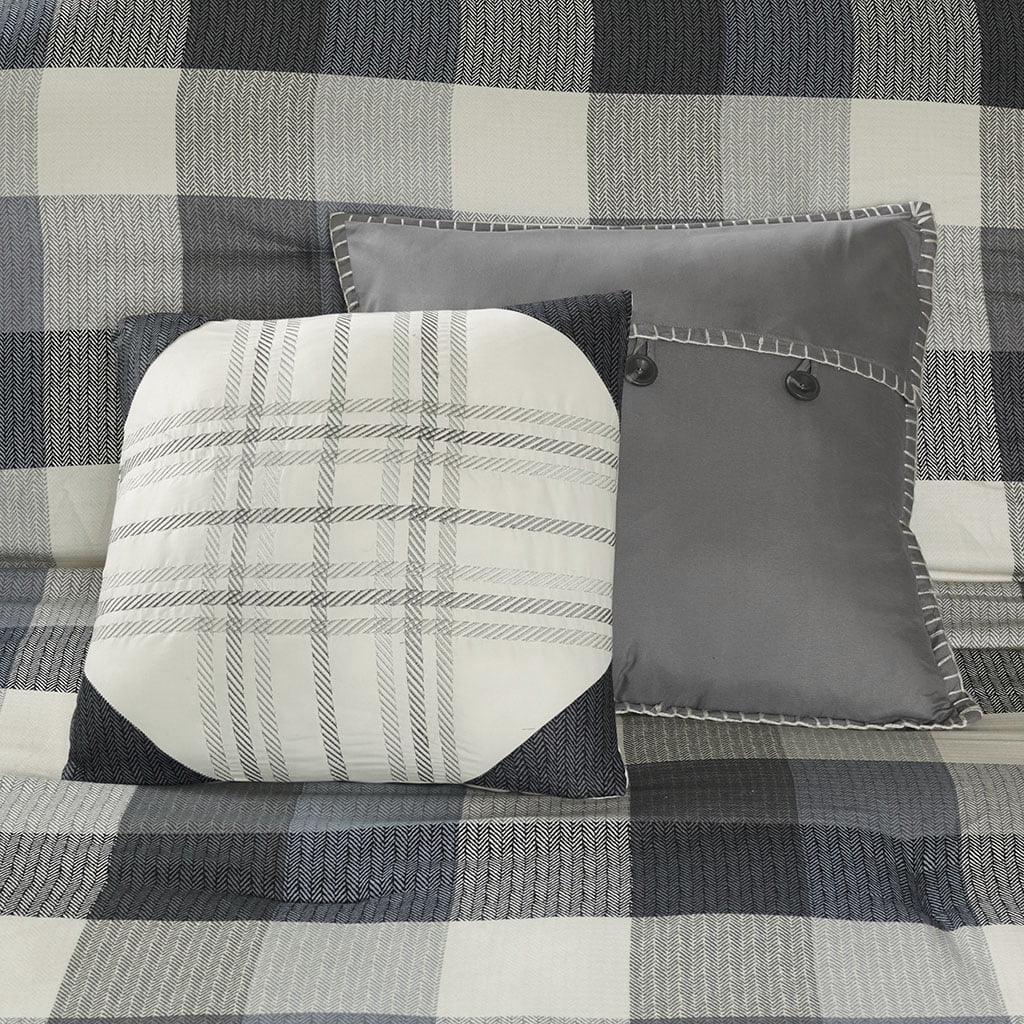 Home Essence Warren Grey Herringbone Plaid 7 Piece Comforter Set, Cal King