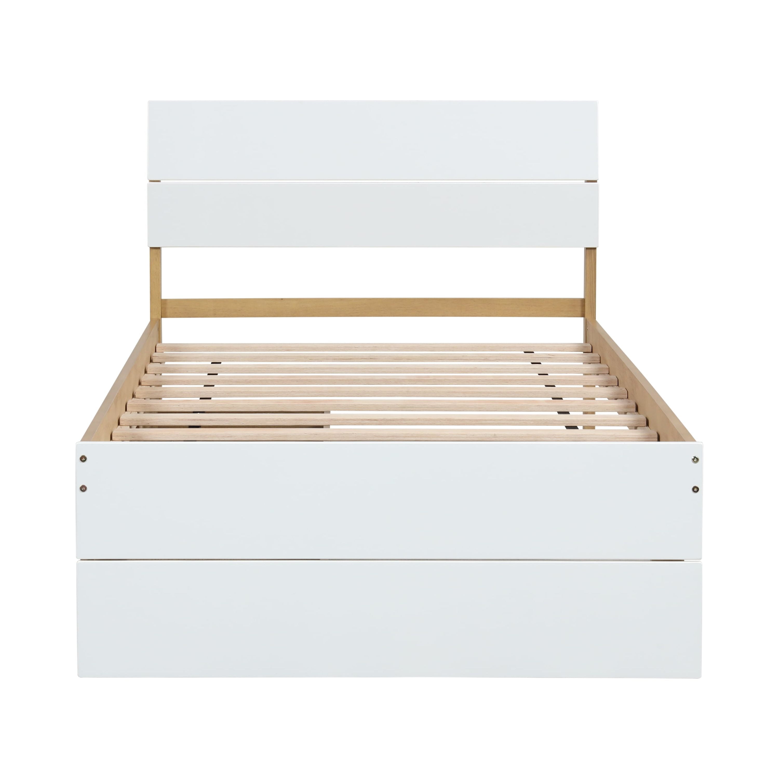 Miniyam Wood Twin Size Bed Frame with Trundle for Kids and Teens, Space-Saving, Oak