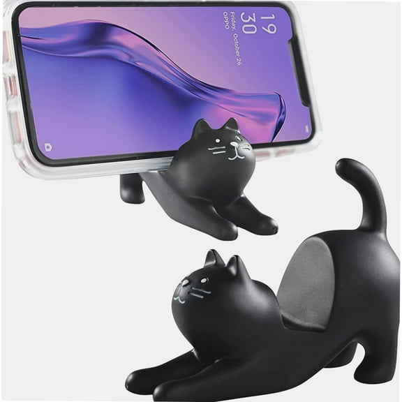Cat Phone Stand, Cute Desktop Smartphone Holder, Vertical or Horizontal, Universal Cell-Phone Stand, Black