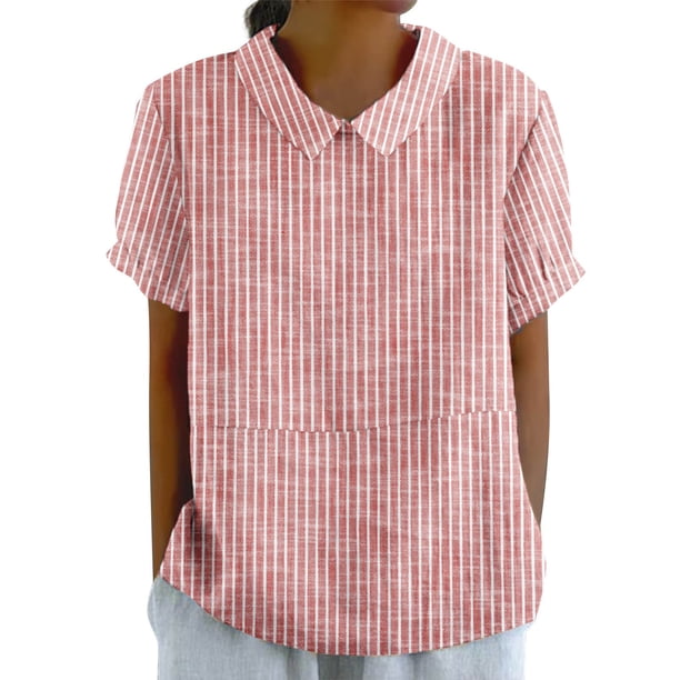 Ploknplq Elbow Length Tee Shirts for Women,Gradient Shirt,Tunic Tee,Womens Summer Tops Lapel Striped Back Loose Top Casual Shirt T Shirt,3/4 Sleeve Tunic Tops for Women,Top for Women Red 3XL