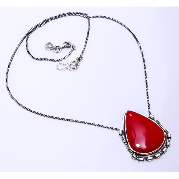 Red Coral 925 Silver Plated Chain Pendant 19-23", Red Coral Necklace N_9269_108_52