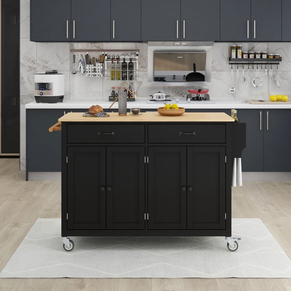 Kitchen Island Cart with Solid Wood Top and Locking Wheels, 54.3 inch Width, 4 Door Cabinet and Two Drawers, Spice Rack, Towel Rack (Black)