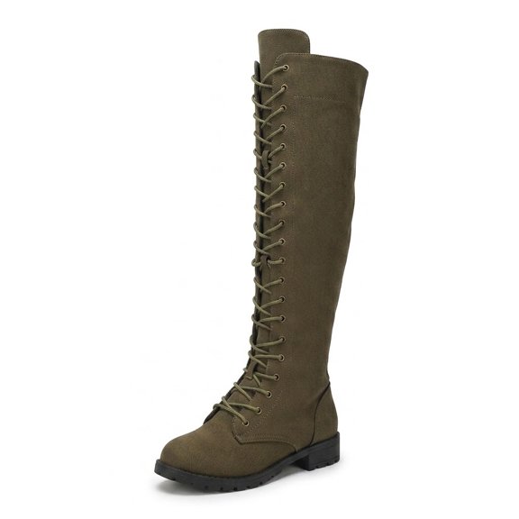 SACFOF Women's Knee High Combat Boots Lace Up Riding Boot Side Zip Closure, Chunky Low Heel, Fashion Boots, Women's Footwear