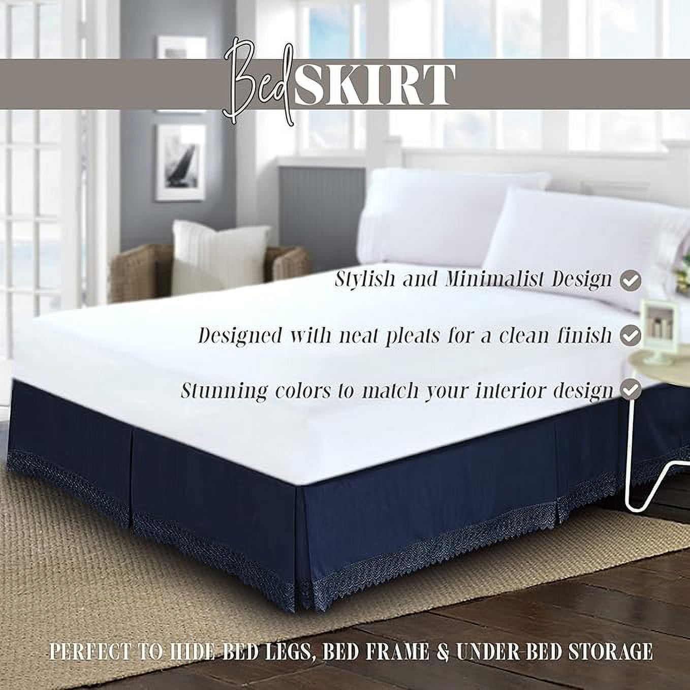 Mocassi Lace Bed Skirt 15inch Drop, 1500 Thread Count Quality, Sophisticated Design for a Vintage Look- Easy Care and Wrinkle Resistant, Twin, Navy
