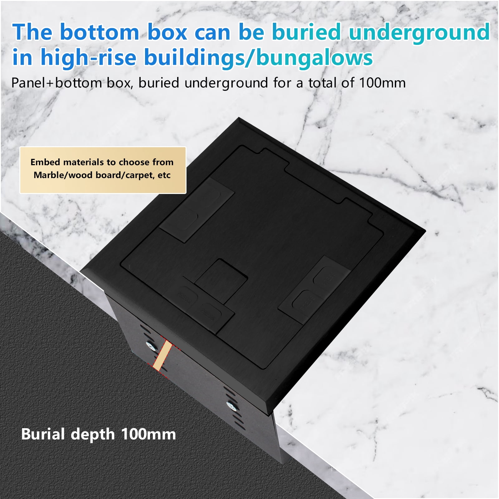 KYHSHJ Recessed Flat Hidden Socket Kit with 20 Amp Stainless Steel TR Receptacle Outlet Stainless+3-Port RJ45 Datacom Receptacle.Internal Height Adjustable，Corrosive Resistant Hardware，Black