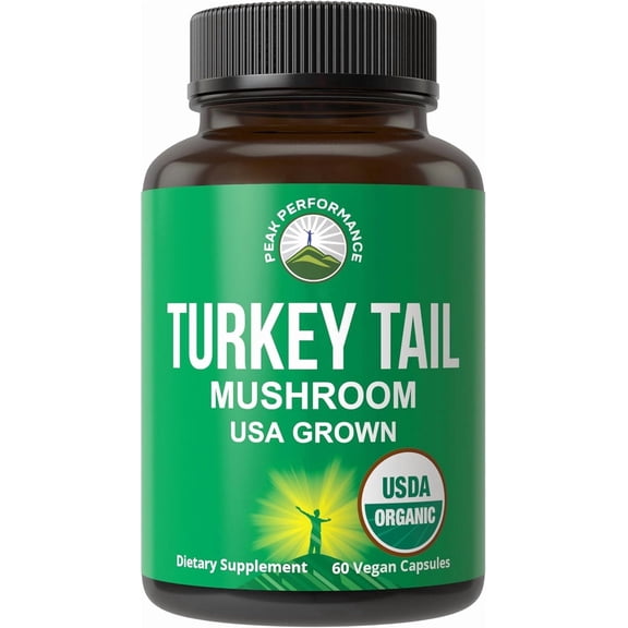 Peak Performance Organic Turkey Tail Capsules - USA Grown Made with Real Turkey Tail Mushroom. Immune System Support Naturally Harvested Mushroom Supplements for Immunity. Vegan Supplement Extract
