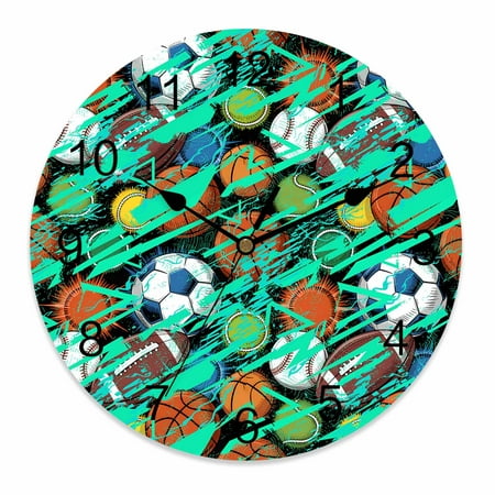 Wall Clock 14 Inch Football Rugby Round Silent Decorative Wall Clocks Battery Operated for Living Room Bedroom Kitchen Classroom Decor, Abstract Sports Pattern,Large