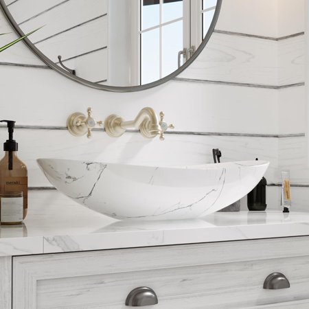 DeerValley 23" x 14'' White Marble Oval Ceramic Vessel Sink - Modern Above Counter Porcelain Bathroom Vanity Bowl Art Basin for Lavatory Cabinet