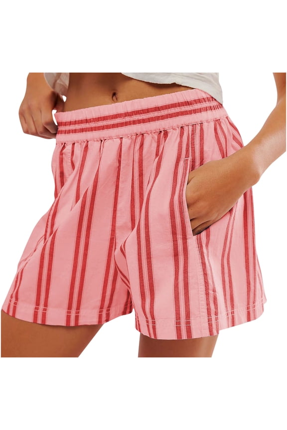 Women's Boxer Shorts Striped Elastic High Waisted Wide Leg Lounge Shorts Summer Casual Shorts with Pockets