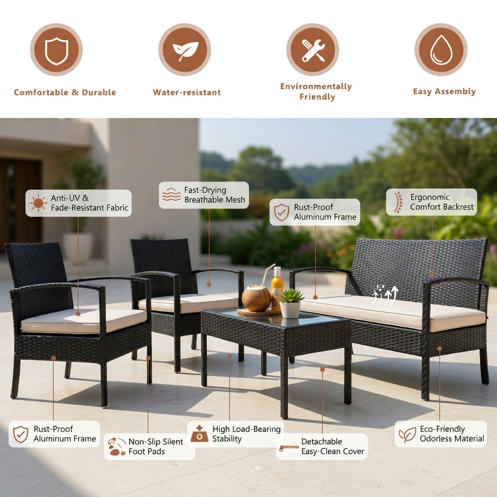 Hommoo 4-Piece Outdoor Rattan Patio Conversation Set, Double Loveseat, 2 Single Sofas & Glass-Top Coffee Table, All-Weather PE Wicker with Steel Frame, Black
