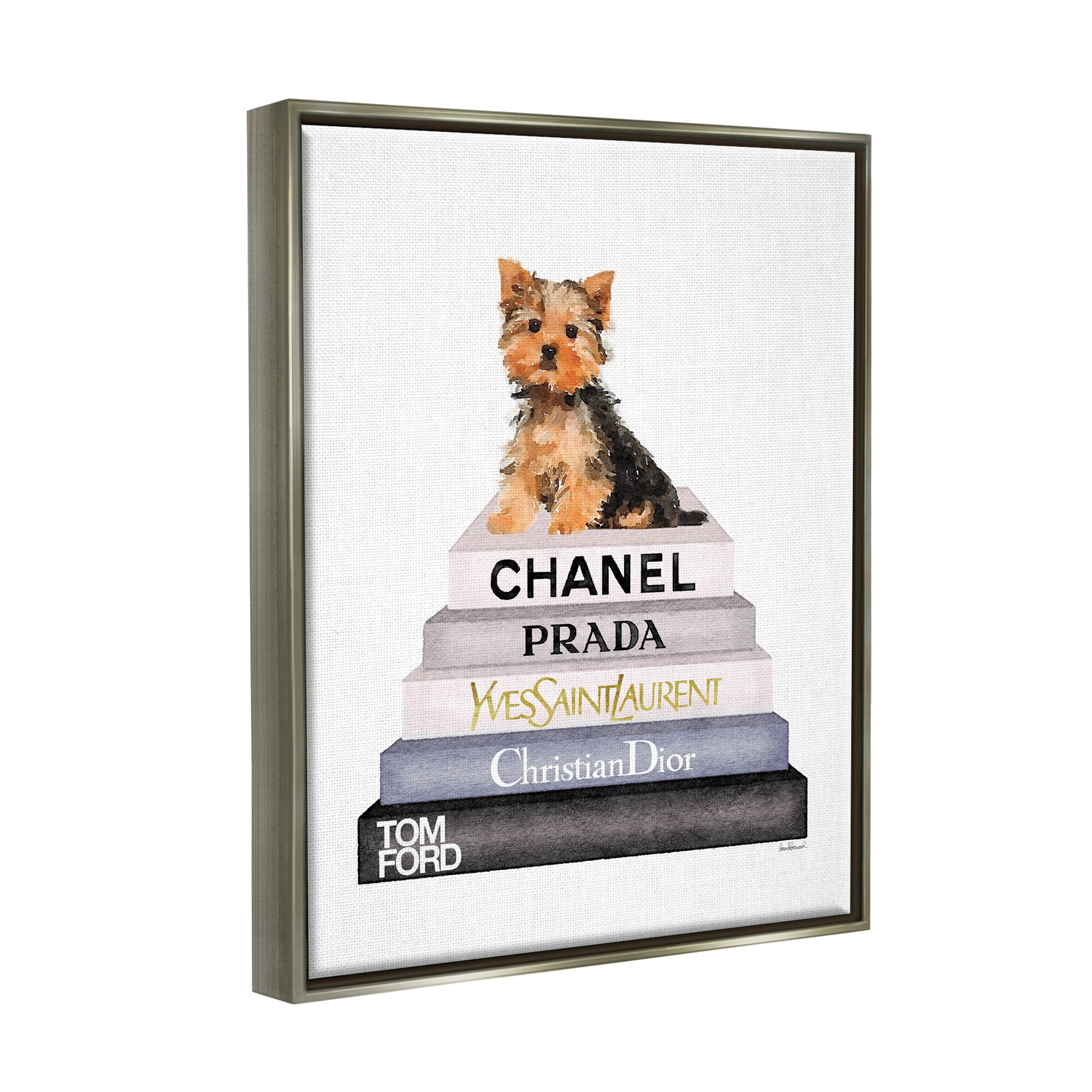 Stupell Industries Book Stack Yorkie Dog Glam Fashion Watercolor Luster Gray Framed Floating Canvas Wall Art, 24x30, by Amanda Greenwood
