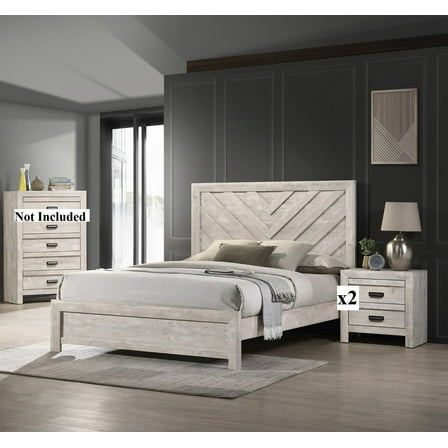 3pc Rustic Beige Gray Finish Bedroom Furniture Queen Bed 2x Nightstand Set