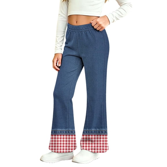 MuXiKeJi Clothes Girls Jeans With Bows Cute Print Elastic Waist Wide Leg Flared Denim Pants Regular Fit Long Casual Bottoms Girls Wide Leg Jeans